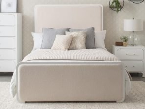 Anastasia Boucle Upholstered Eastern King Panel Bed Pearl White and Beige