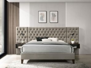 Marley Upholstered Queen Platform Bed with Headboard Panels Light Brown