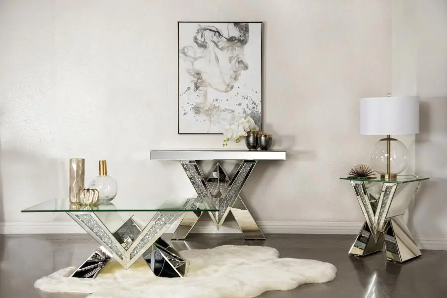 Taffeta V-shaped Mirrored Entryway Console Table Silver - Image 4