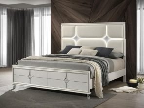 Olivia Eastern King Panel Bed LED Headboard Pearl White