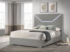 Ives Queen Panel Bed LED Headboard Grey High Gloss
