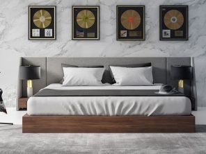 Janice - Modern Grey Fabric and Walnut Bed and Nightstands