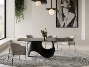 Neptune - Modern Grey Wave Glass + Black Dining Table