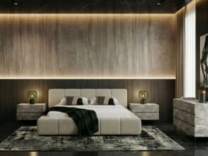 Lamont + Aria - Modern Beige Fabric + Grey Texture 4-Piece Bedroom Set  queen size