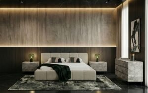 Lamont + Aria - Modern Beige Fabric + Grey Texture 4-Piece Bedroom Set  queen size