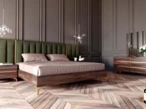 Gabriela Modern Walnut & Green Velvet Bed & Nightstands