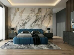 east bed + Soria - Modern Dark Teal Fabric + Grey Wash 4-Piece Bedroom Set