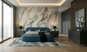 east bed + Soria - Modern Dark Teal Fabric + Grey Wash 4-Piece Bedroom Set